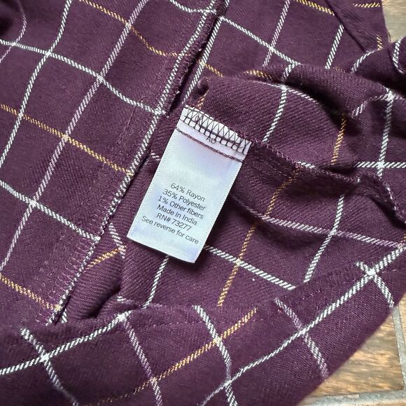 Sonoma Ruffled Flannel Top Womens S Maroon Plaid Button Up Shirt Blouse Small - Picture 7 of 9